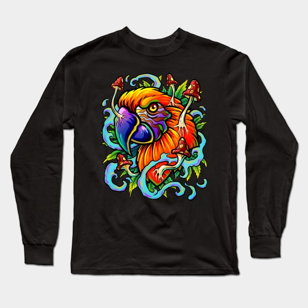 Weed Magic Mushroom Parrot Art Trippy Shroom LSD Acid Trip Long Sleeve T-Shirt by Proficient Tees